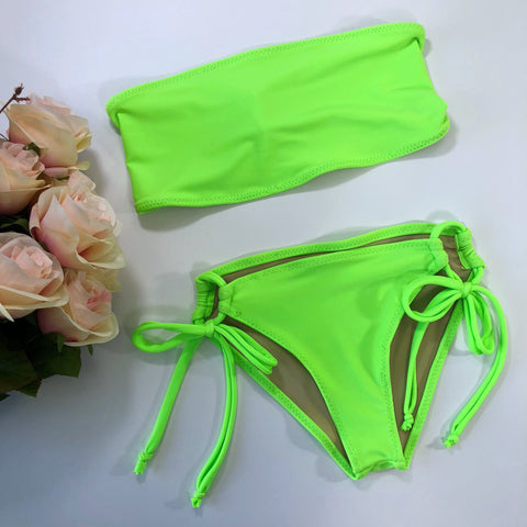 Women’s Neon Green Swimsuit Bandeau Bikini Two piece