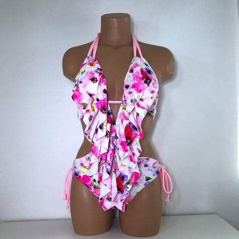 Floral One Piece Ruffle Swimsuit Low Cut