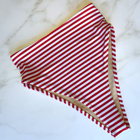 Women’s Red & White Striped High Waist cheeky Swimsuit Bottom