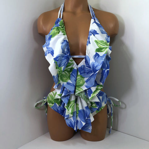 Hawaiian print One Piece Ruffle Swimsuit Low Cut
