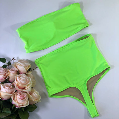 Women’s Neon Green Thong High Waisted Swimsuit