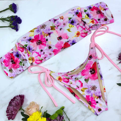 Floral Puff Sleeves Cheeky High Leg Tie Bikini