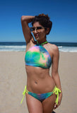 Women's Neon Tie Dye Criss Cross Back Bikini Halter Swimsuit