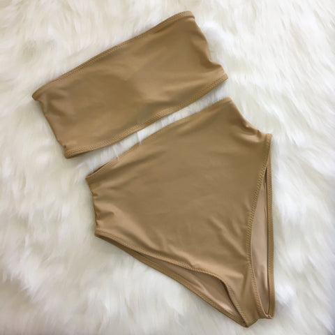 Women's nude high waist swimsuit, vintage bathing suit, cheeky swimwear