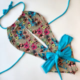 Women's one piece swimsuit, sexy low cut wrap bathing suit, floral print swimwear