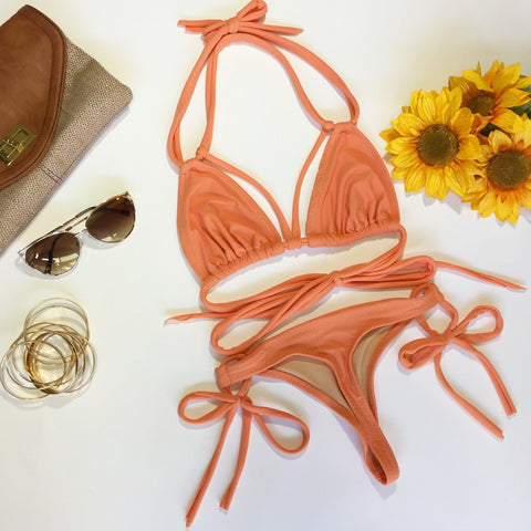 Women's cheeky thong bikini, Strappy swimsuit, tie string bathing suit