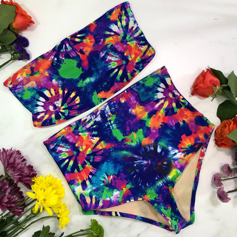 Neon Tie Dye High Waist Swimsuit