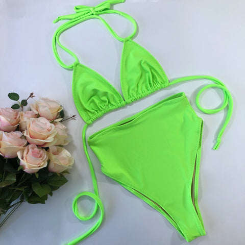Women's High Waist Neon Green Swimsuit