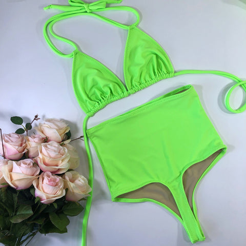 Lime Green High Waist Thong Bikini Bathing Suit