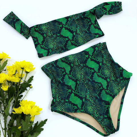 Women's High Waist Snake Bathing Suit With Sleeves