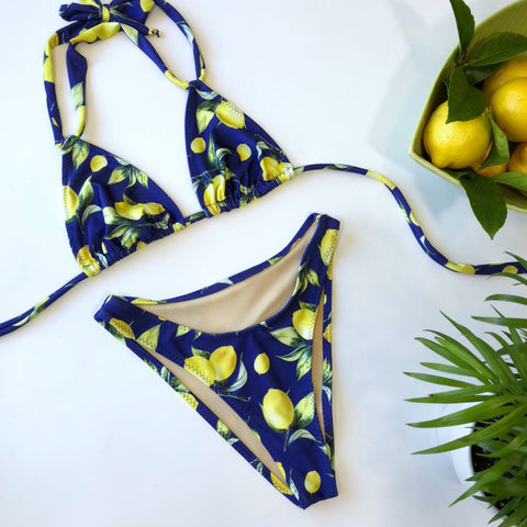 Women's Lemon Print High Leg Bikini 90's Style Bathing Suit