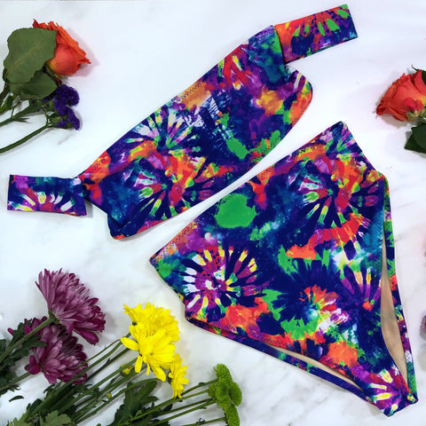 Neon Tie Dye Sleeve High Waist Cheeky Swimsuit