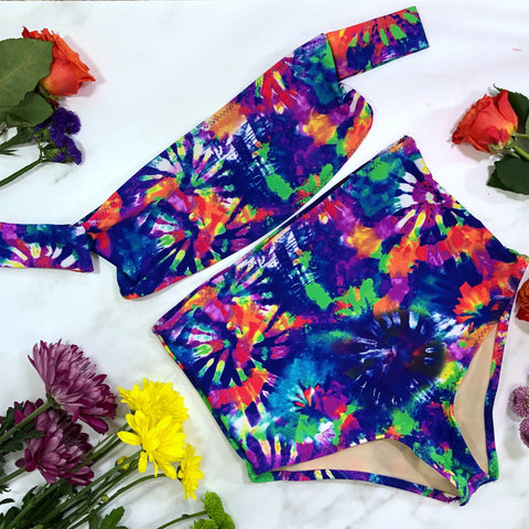 Neon Tie Dye Sleeve High Waist Swimsuit