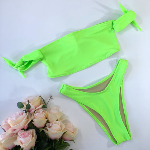 Women's Lime green tie sleeve cheeky bikini