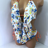 Retro Floral One Piece Ruffle Swimsuit Low Cut