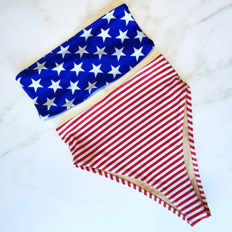 Women's American flag high waist swimsuit, Bandeau top, vintage retro bathing suit