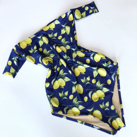 Women's One Piece Swimsuit Lemon Print Sleeve Bathing Suit