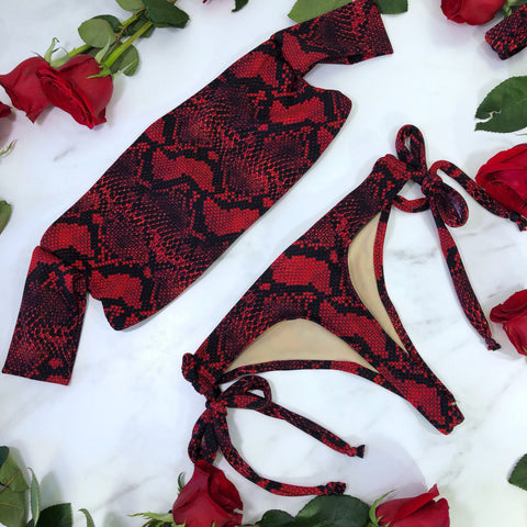 Sleeve Thong Bikini Red Skin Swimsuit