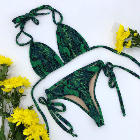Women's Green Snake Print Cheeky Thong Bikini