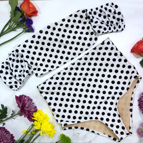 Polka Dot Puff Sleeve High Waist Swimsuit