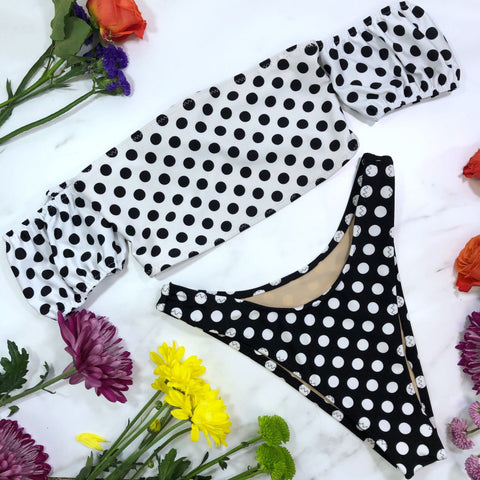 Polka Dot Puff Sleeve Cheeky High Leg Bikini