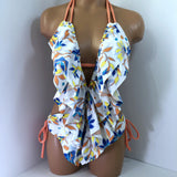 Retro Floral One Piece Ruffle Swimsuit Low Cut