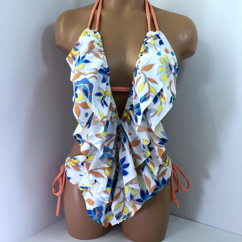 Retro Floral One Piece Ruffle Swimsuit Low Cut