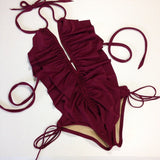 Women's sexy low cut one piece ruffle swimsuit, monokini bathing suit with tie strings, more colors