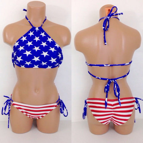Women's American Flag Bikini USA Flag Halter Swimsuit Cheeky Bathing Suit Scrunch Butt