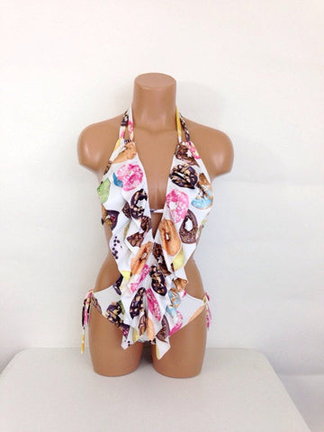 Women's One piece swimsuit low cut bathing suit Donut print sexy monokini
