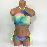 Women's Neon Tie Dye Criss Cross Back Bikini Halter Swimsuit