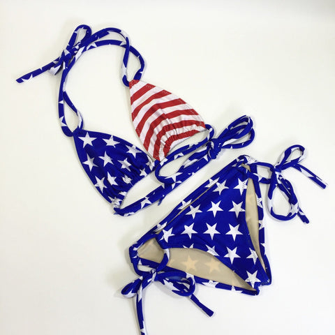 Women's American flag bikini, cheeky scrunch butt USA bathing suit